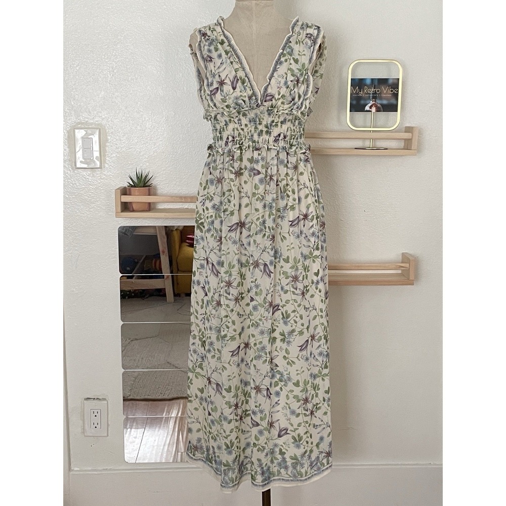 Max Studio Floral Maxi Dress Ruffle Sleeveless Smocked Flowy Small